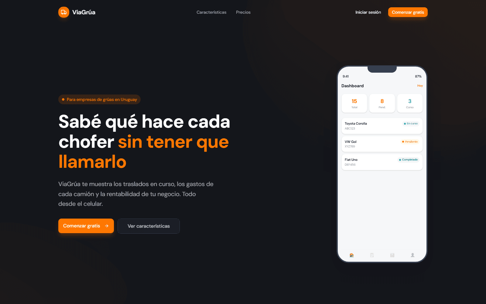Portada de ViaGrúa: el titular «Sabé qué hace cada chofer sin tener que llamarlo» junto al panel de traslados en un celular.